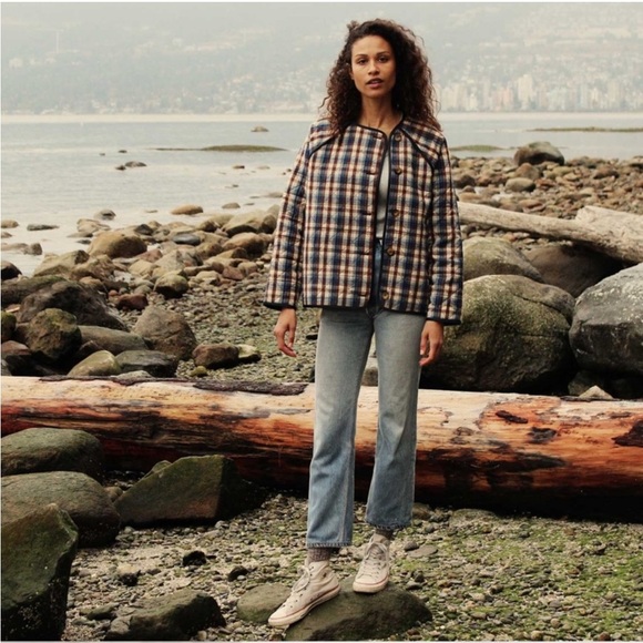 Doen Sedona Quilted Wool Silk Jacket Belleville Plaid Blue Brown Small EUC - Picture 10 of 10